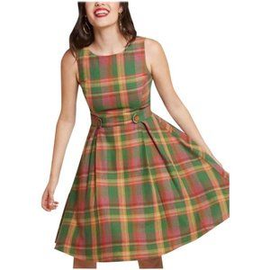 MODCLOTH Womens Something Sixties Sleeveless Plaid Linen Dress Green Size M